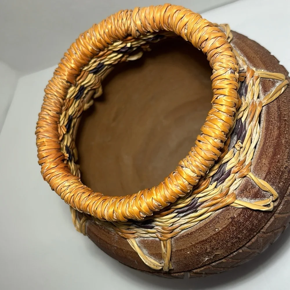 Pier 1 Clay Pot Handcrafted Woven Rattan/Straw Trim Around Rim Carved Clay Band